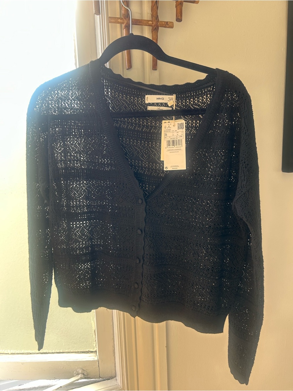 Mango Black Open-Knit V-Neck Cardigan